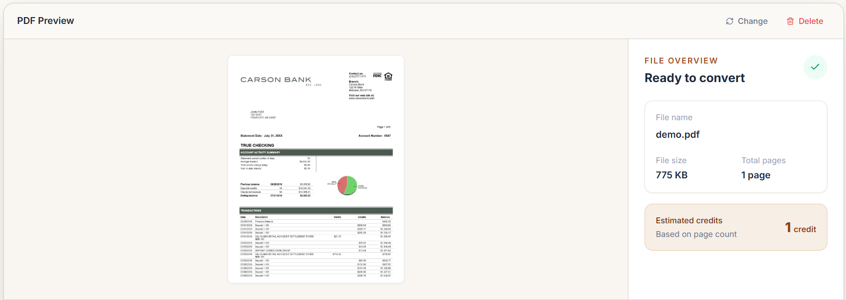 Step 2: Bank statement PDF preview with the file name, size, page count, and estimated page credits before conversion.