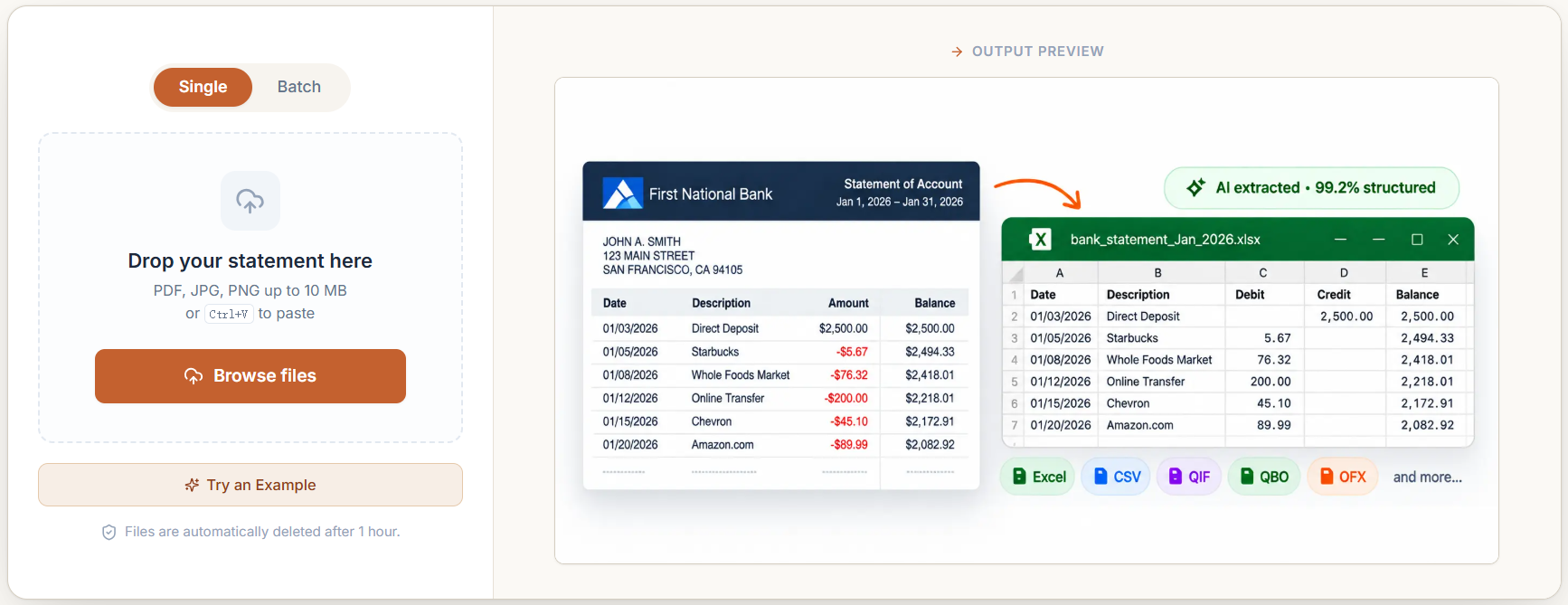 Step 1: CleanStmt upload area with Browse files, screenshot paste, and a sample bank statement converted to a structured spreadsheet.